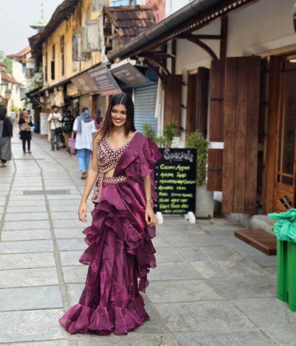 Royal Wine Ruffle Dhoti Set