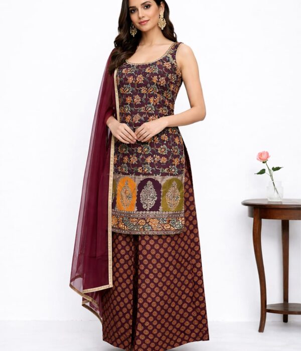Elegant Maroon Silk Palazzo Set