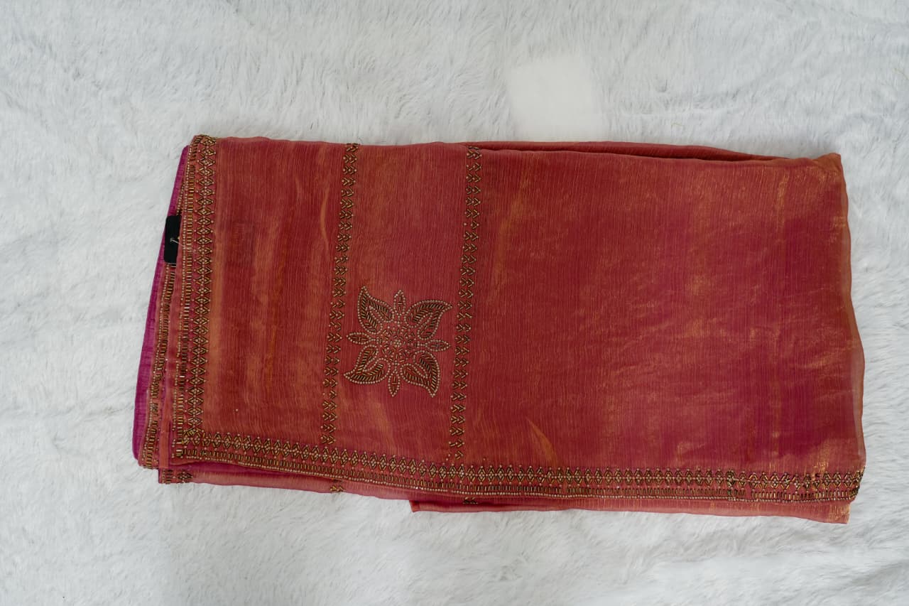 Designer Rust Orange Saree with Blouse - Image 5